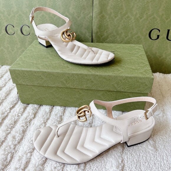 Gucci Marmont Double G Chuck Heel Thong T-Strap Sandal White Leather EU 41 US 11 - Picture 2 of 12